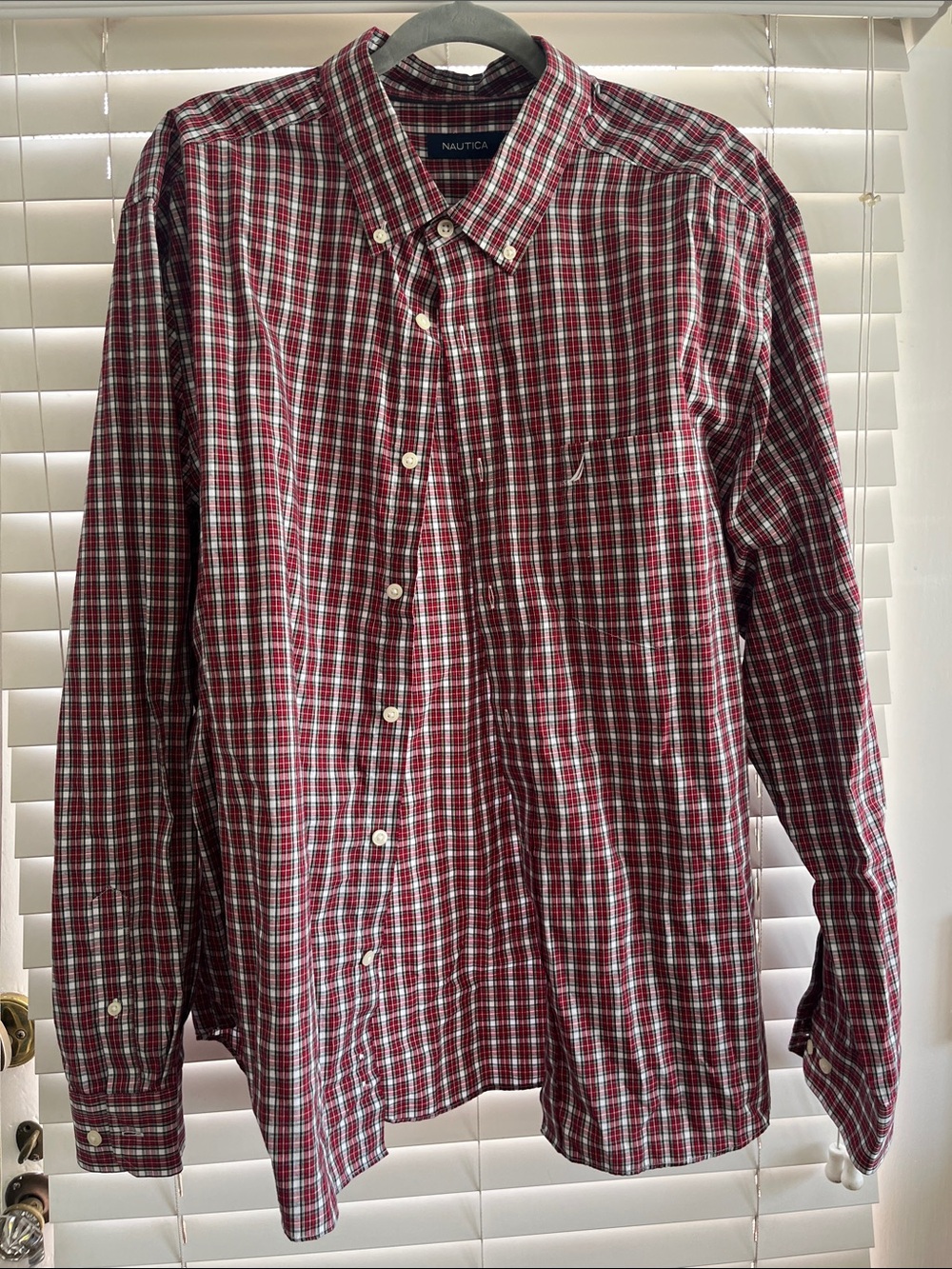 Nautica Men's Burgundy and White Plaid Button-Down Shirt
